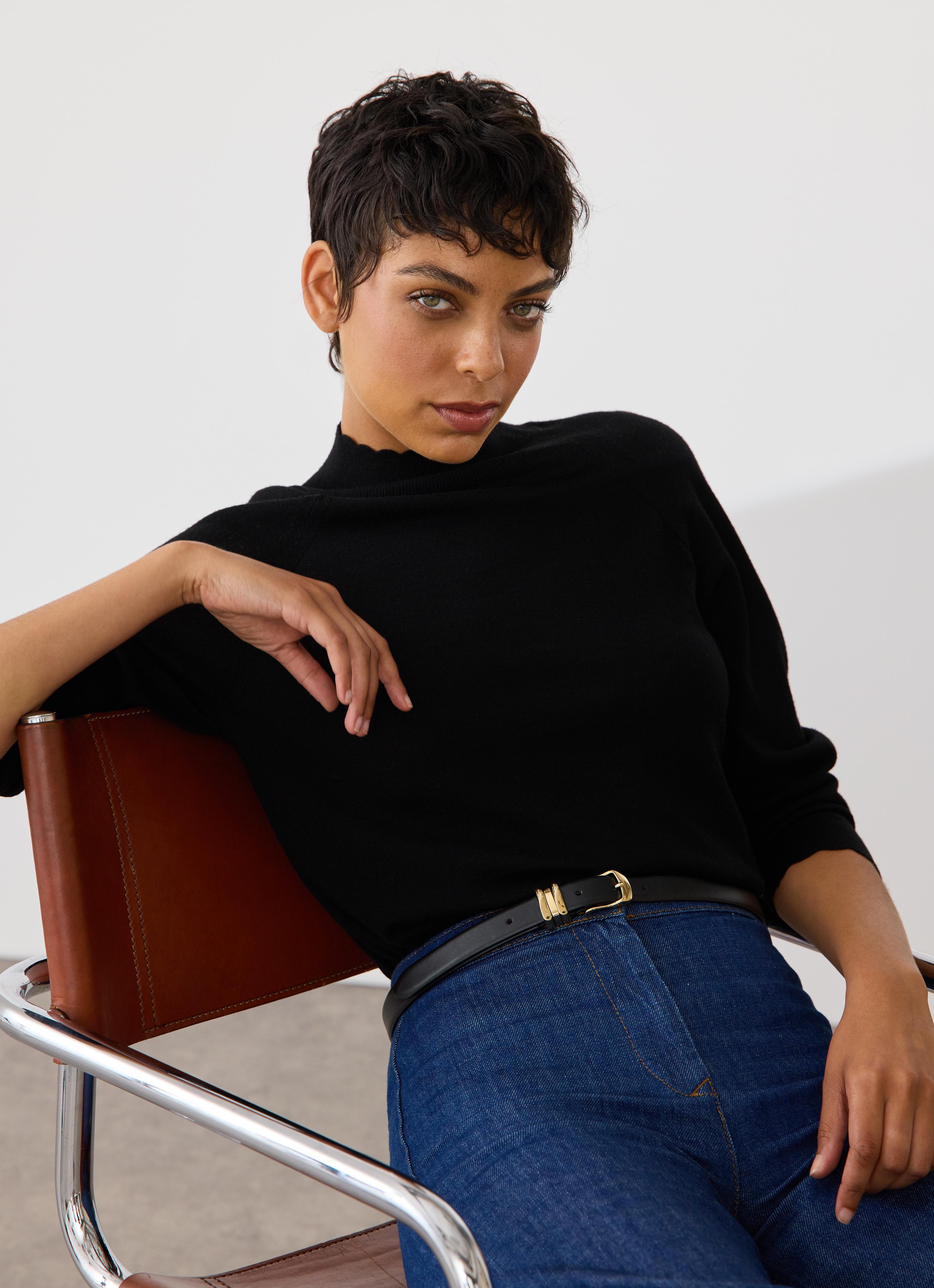 Betty Black Sustainably Sourced Merino Wool Scallop Edge Jumper